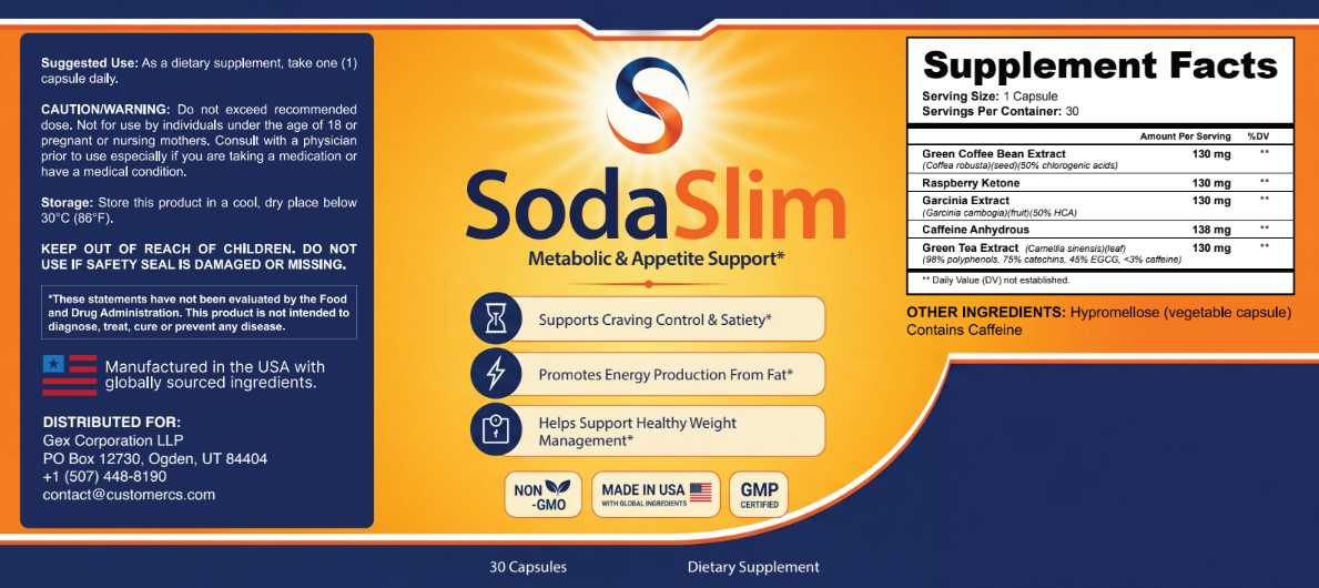 SodaSlim official Supplement Facts label — ingredient dosages and warnings